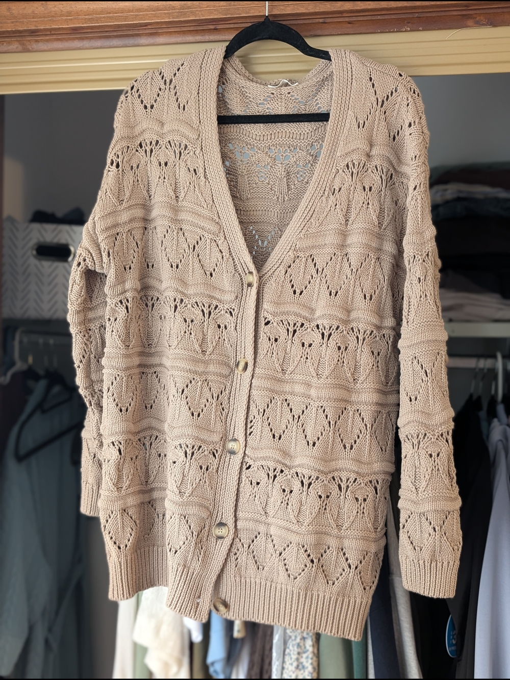 Beige Openwork Knit Button-Front Cardigan